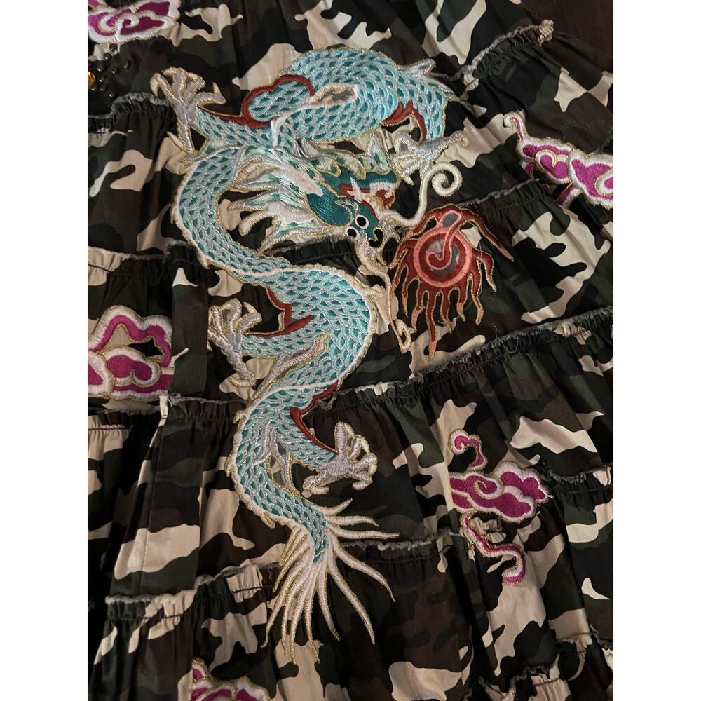 Miss Me Camo Camoflauge Tiered Embroidered Maxi Skirt Dragon Embroidered Y2K Sm - Picture 3 of 9